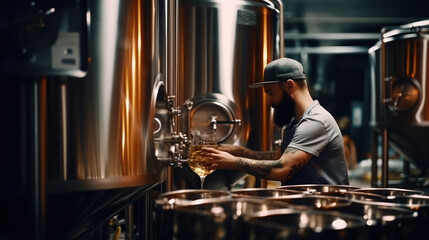 Bearded brewery master holding glass of beer and evaluating its visual characteristics. Small family business, production of craft beer.