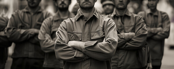 disgruntled skilled tradesmen with their arms crossed