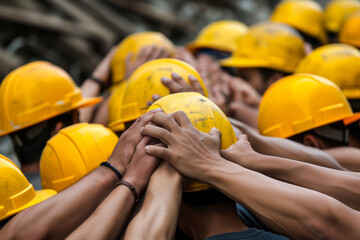 workers rally around a friend and place their hands on his helmet