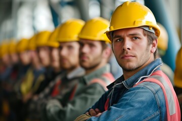 young construction workers with helmets