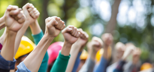 group of people holding their fists in the air 