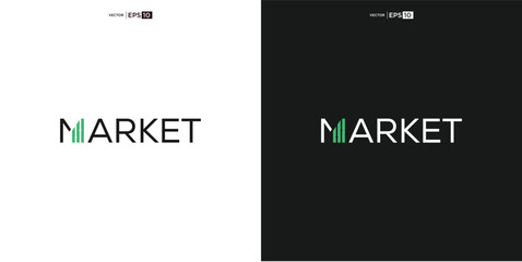 letter MARKET wordmark logo typography.The upward graph showing market growth or activity is arranged in such a way that it forms the letter 