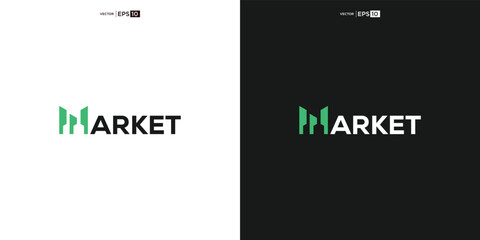 letter MARKET wordmark logo typography.The silhouette of the skyscraper forms the letter "M", reflecting the growing business activities and trade activities in the market.