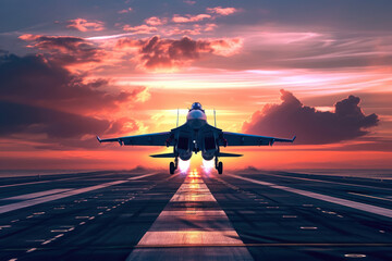 fighter jet taking off from a runway at sunset. The sky is a beautiful shade of orange and pink, and there are clouds in the distance - obrazy, fototapety, plakaty