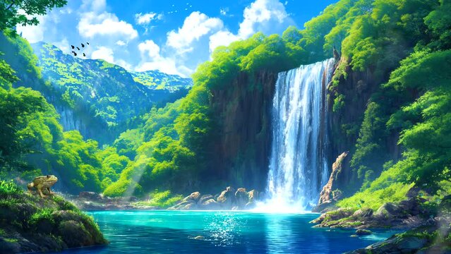 beautiful view of a waterfall in the mountain. Seamless looping 4k time-lapse virtual video animation background