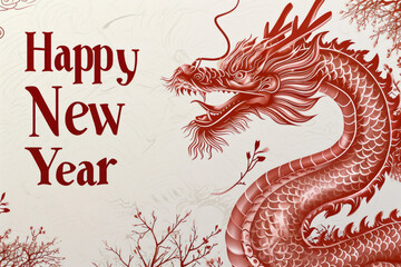 postcard Chinese style dragon, say "Happy New Year 2024"