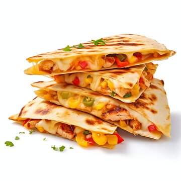 a mexican chicken quesadillas with cheese and peppers, studio light , isolated on white background