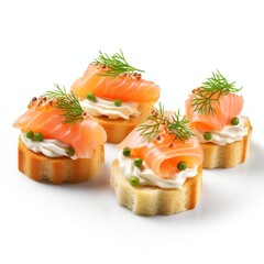 a Smoked salmon canapés with cream cheese recipe, studio light , isolated on white background