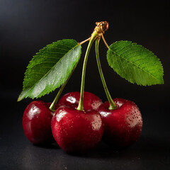 Cherrys with leaf on black background, product photography, studio