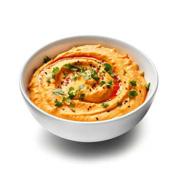 a roasted red pepper hummus in white bowl, studio light , isolated on white background