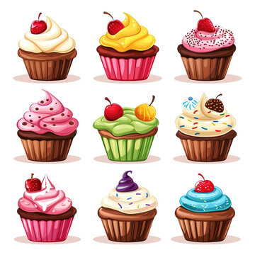 Set of Cartoon Cupcakes Vector Illustration PNG Image