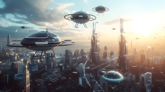 A cityscape with flying cars , showing how transportation will be revolutionized in the future.