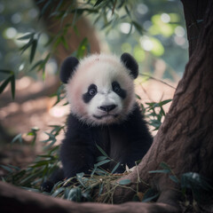 Adorable Baby Panda Sitting in a Serene Forest Environment