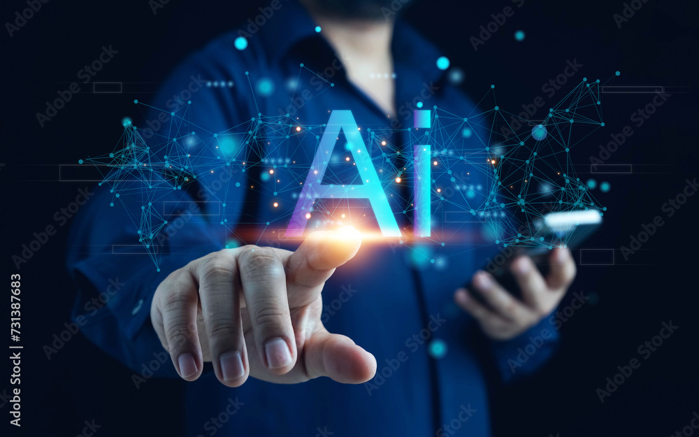 Poster ai technology, businessman show virtual graphic global internet connect chat with ai,artificial inte