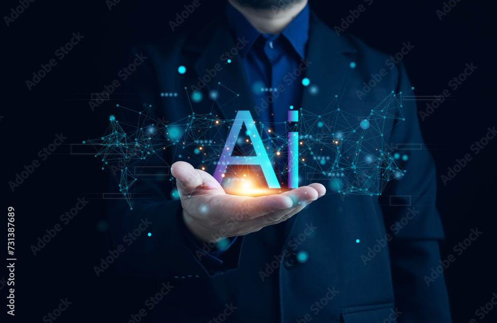Poster ai technology, businessman show virtual graphic global internet connect chat with ai,artificial inte