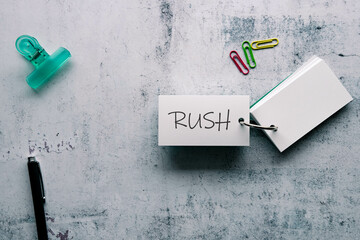 There is word card with the word RUSH. It is as an eye-catching image.