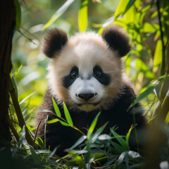 Adorable Baby Panda Cub Resting in Lush Greenery