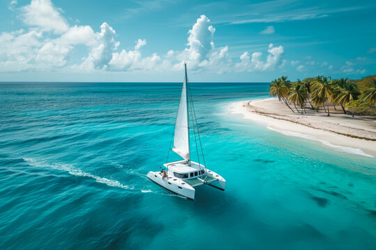 group of people sailing a catamaran in the Caribbean. The water is a beautiful shade of blue, and there are palm trees on the shore