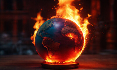 Burning globe standing in the table in the fire. Hot temperature, burning Earth, red back light. Perfect composition, beautiful detailed , 8k photography, photorealistic , soft cinematic perfect light