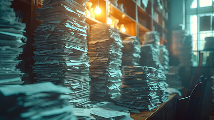 Office Paperwork Stacks in Moody Lighting. Paperwork, stacks business papers in the office. Generative AI