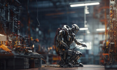 robot at work in a factory on wires and server, Perfect composition, beautiful detailed , 8k photography, photorealistic , soft cinematic light - obrazy, fototapety, plakaty