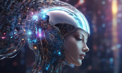 Three dimensional render of gynoid touching digital brain representing machine learning and artificial intelligence, Perfect composition, beautiful detailed , 8k photography