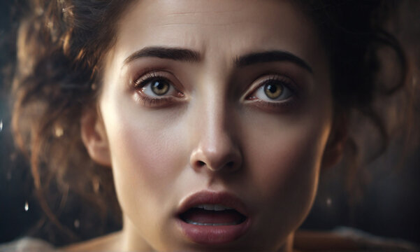 scared lady close the mouth with hand, big scared eyes full of tears, light from the back. . Perfect composition, beautiful detailed , 8k photography, photorealistic , soft cinematic perfect light