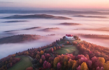 Aerial view of Mariina Vyhlidka (Mary's view) lookout with foggy Czech autumn landscape and colorful pink sunrise sky Perfect composition, beautiful detailed , 8k photography, photorealistic , soft 