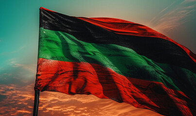 red black green flag fluttering in the wind against the sky. Flag Africans silk. 