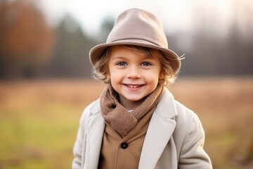 Portrait of a cute little boy in a hat and coat outdoors