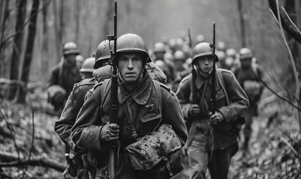 Foto de Re-enactors Dressed As World War II Russian Soviet Red Army  Soldiers Marching Through Forest In Autumn Day. Photo In Black And White  Colors. Soldier Of WWII WW2 Times do Stock