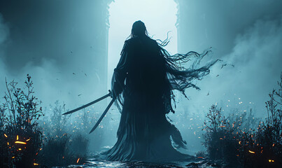 silhouette of a black warrior with a sword, fantasy picture computer game design screenshot
