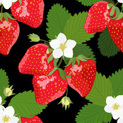 A blooming strawberry bush with berries on a black background. Seamless vector pattern.	