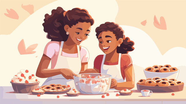 African American mother and daughter baking.