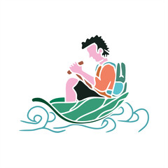 colorful illustration of students rowing a leaf boat for icon or logo