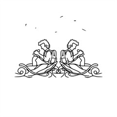 line art illustration of two students rowing a leaf boat back to back for ornament