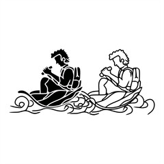 silhouette and line art illustration of two students rowing a leaf boat for an icon or logo