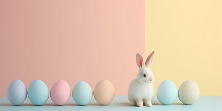 White banny with pastel Easter eggs. Holiday concept. Background image for greeting card, spring postcard, banner, flyer, advertising.