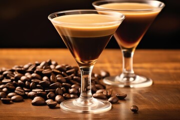 A glass filled with a coffee-based delight, set against a dark, luxurious backdrop, evoking an atmosphere of refined enjoyment
