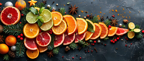 Citrus Fruits Arrangement with Festive Decorations