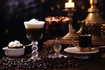 Fototapeta na wymiar A display of coffee-inspired drinks adorned with swirls of cream, offering a delightful and aromatic coffee experience