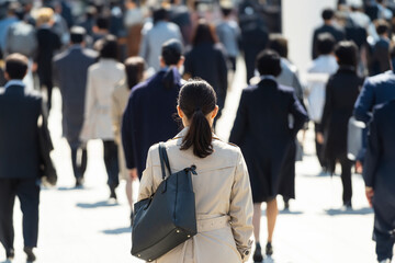 若いスーツ姿の日本人女性（大学生）の歩く後ろ姿