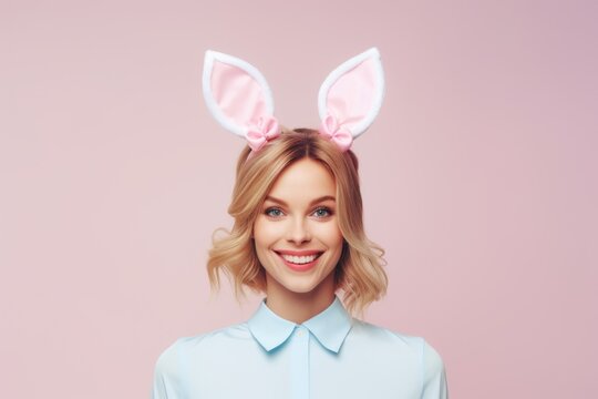 A woman, adorned with Easter bunny ears, expresses her Easter joy against a serene light backdrop