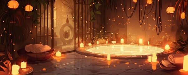 Hand-Drawn Illustration of Ultimate Relaxation Cozy Spa Sanctuary with Warm Candle Glow - Perfect for Wellness and Beauty Ads - obrazy, fototapety, plakaty