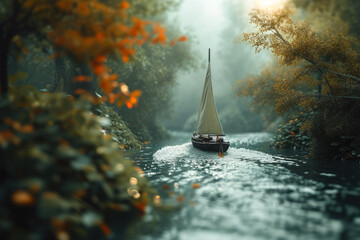 person sailing a boat on a river. The water is moving quickly, and there are trees and foliage on...