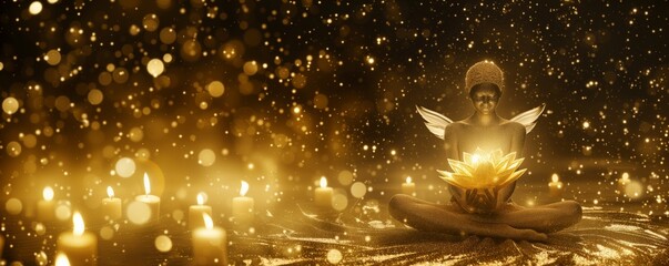 Fototapeta na wymiar Enchanted Evening Magical Fairy on a Diamond Petal Flower with Golden Candlelight Ambiance