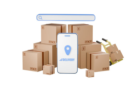 3d Smartphone with group of cardboard boxes and Search bar icon. Trolley fast delivery concept. Logistic and factory concept. Shopping online concept. minimal cartoon design creative icon 3d rendering