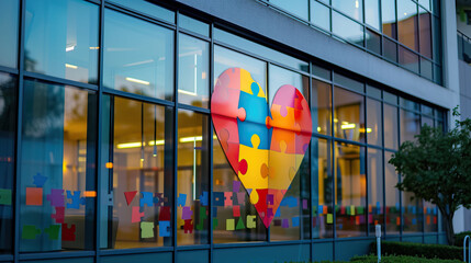 A specialized clinic for people with autism syndrome, decorated on the outside with multicolored puzzles and hearts.