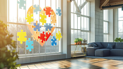 The windows of the office of a psychotherapist working with people with autism are painted with colorful hearts from puzzle pieces - obrazy, fototapety, plakaty