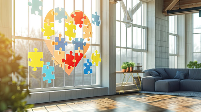 The windows of the office of a psychotherapist working with people with autism are painted with colorful hearts from puzzle pieces